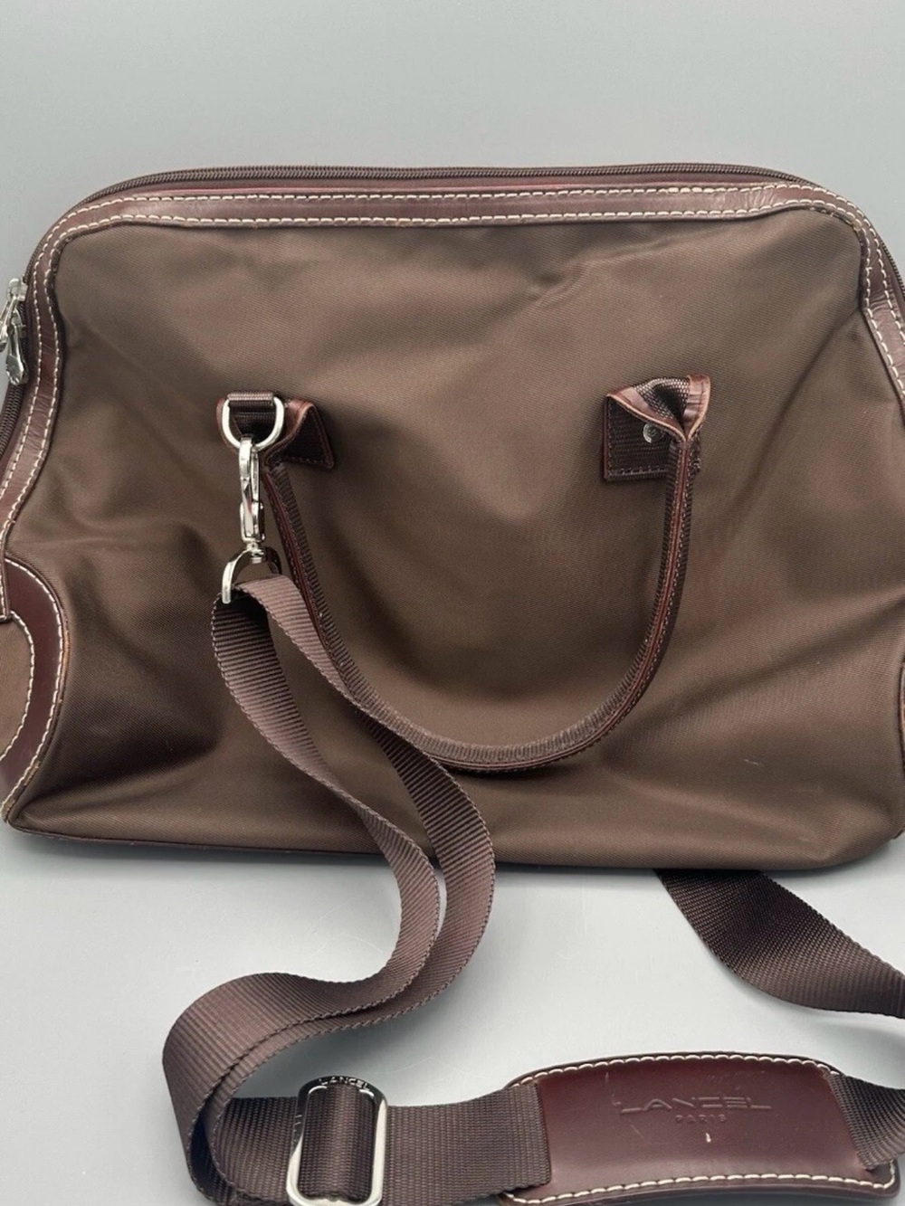 Lancel Paris Nylon Canvas Leather Weekender Travel Bag Luggage